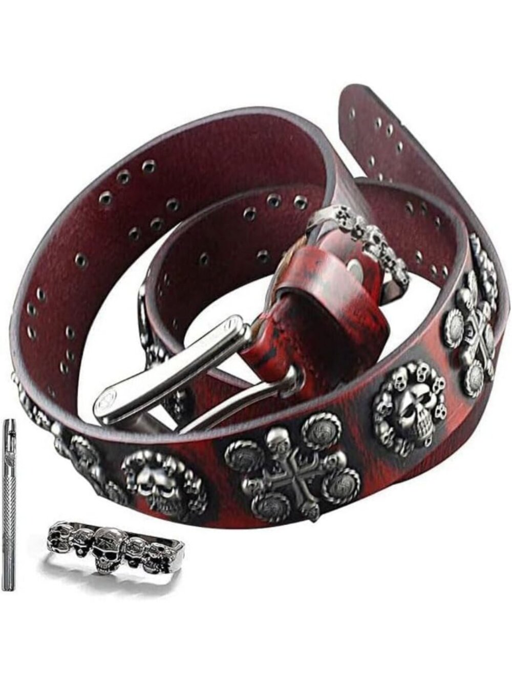 Vintage Red Genuine Leather Biker Belt with Goth Skull Cross Design - One Size